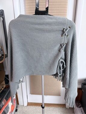 Fringed Knit Poncho with Side Lace-Up Detail Slate Gray Be Clever NWT cozy boho